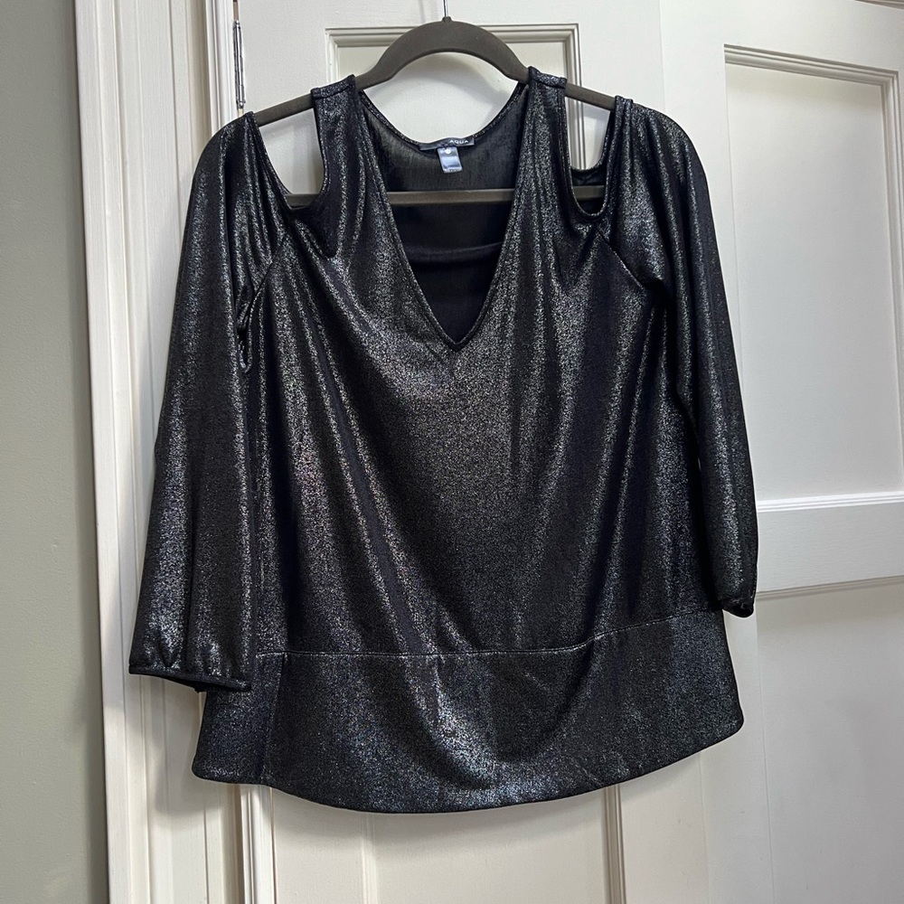 Aqua shimmery gray cold shoulder blouse